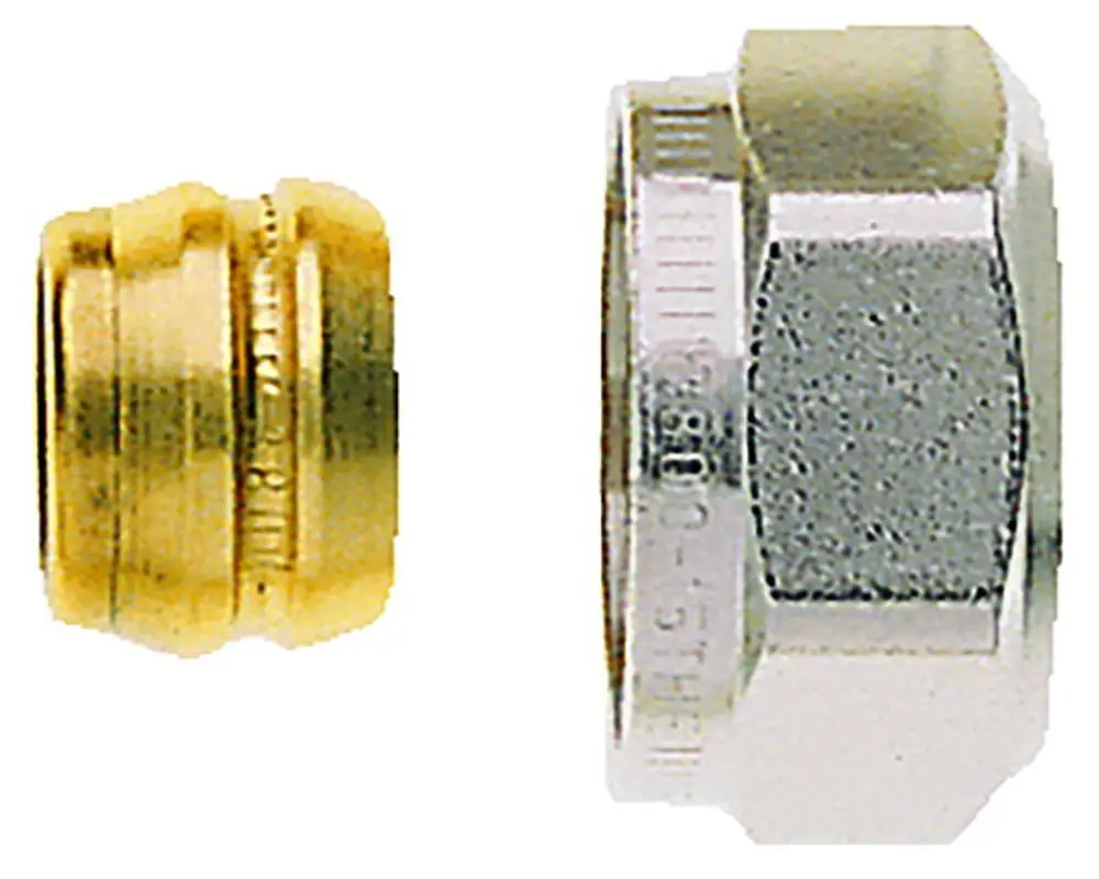 Zwei Klemmverschraubungen aus Metall, eine goldfarbene und eine vernickelte, liegen nebeneinander. Beide dienen der Verbindung von Kupfer- und Stahlrohren. Marke: IMI Hydronic Engineering.